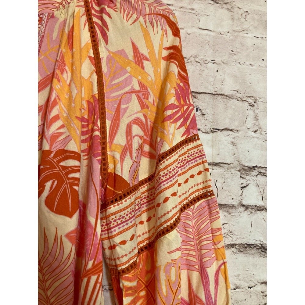 Haute Hippie Peasant Top Womens Medium Beaded Tassels Monstera Print Pink‎ Boho - Picture 5 of 14